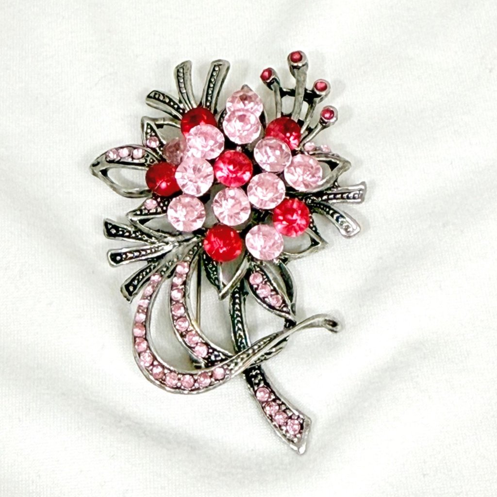 Vintage Floral Bouquet Pot Metal Brooch Shades Of Pink